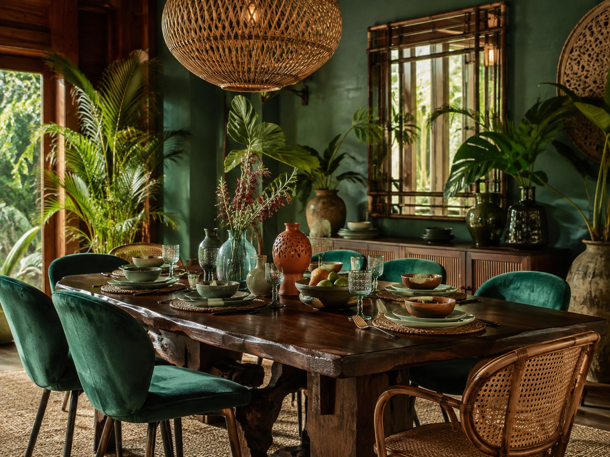Salle à manger jungle chic avec table en bois sombre, chaises vertes et suspension en rotin.