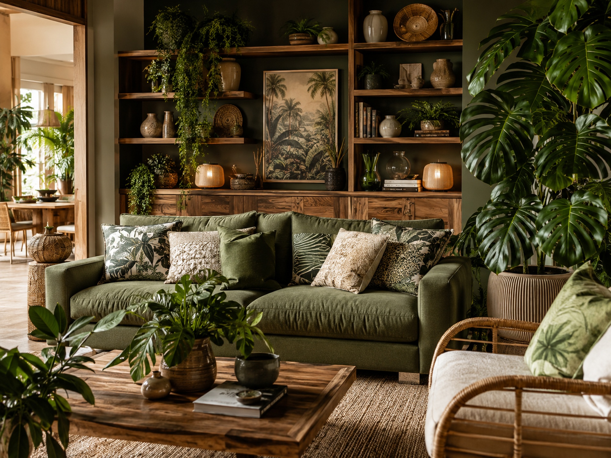 Salon jungle avec bibliothèque décorée, plantes graphiques, coussins feuillage et table en bois.