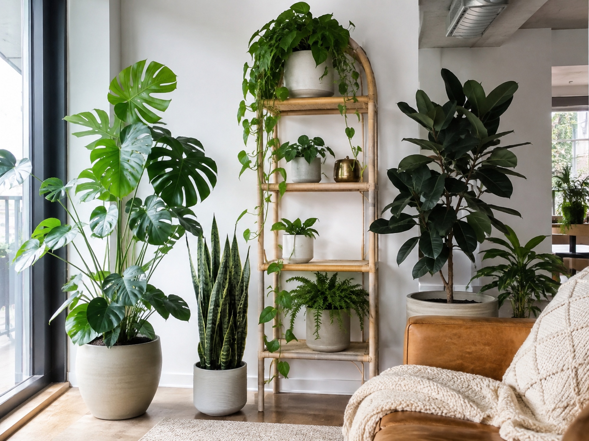 Coin urban jungle lumineux avec monstera, ficus, étagère en rotin et pots en céramique mate.