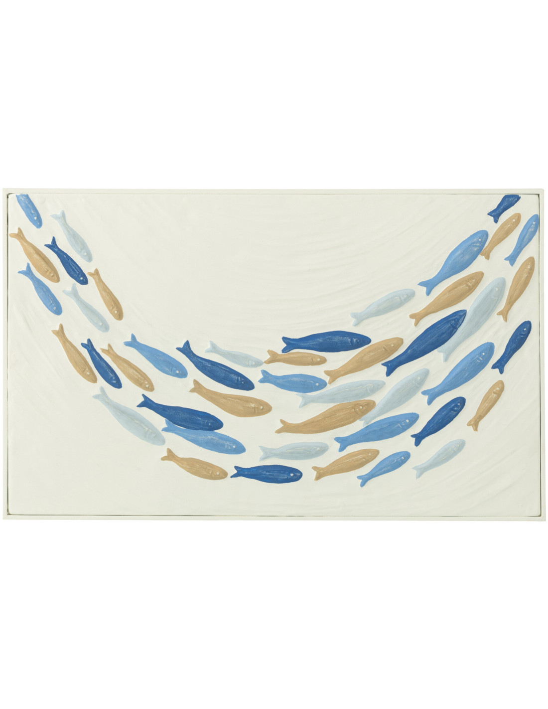 Décoration murale Marélo Banc de Poissons 60x36 cm en métal blanc cassé, bleu et beige, J-Line — relief naturel et printanier