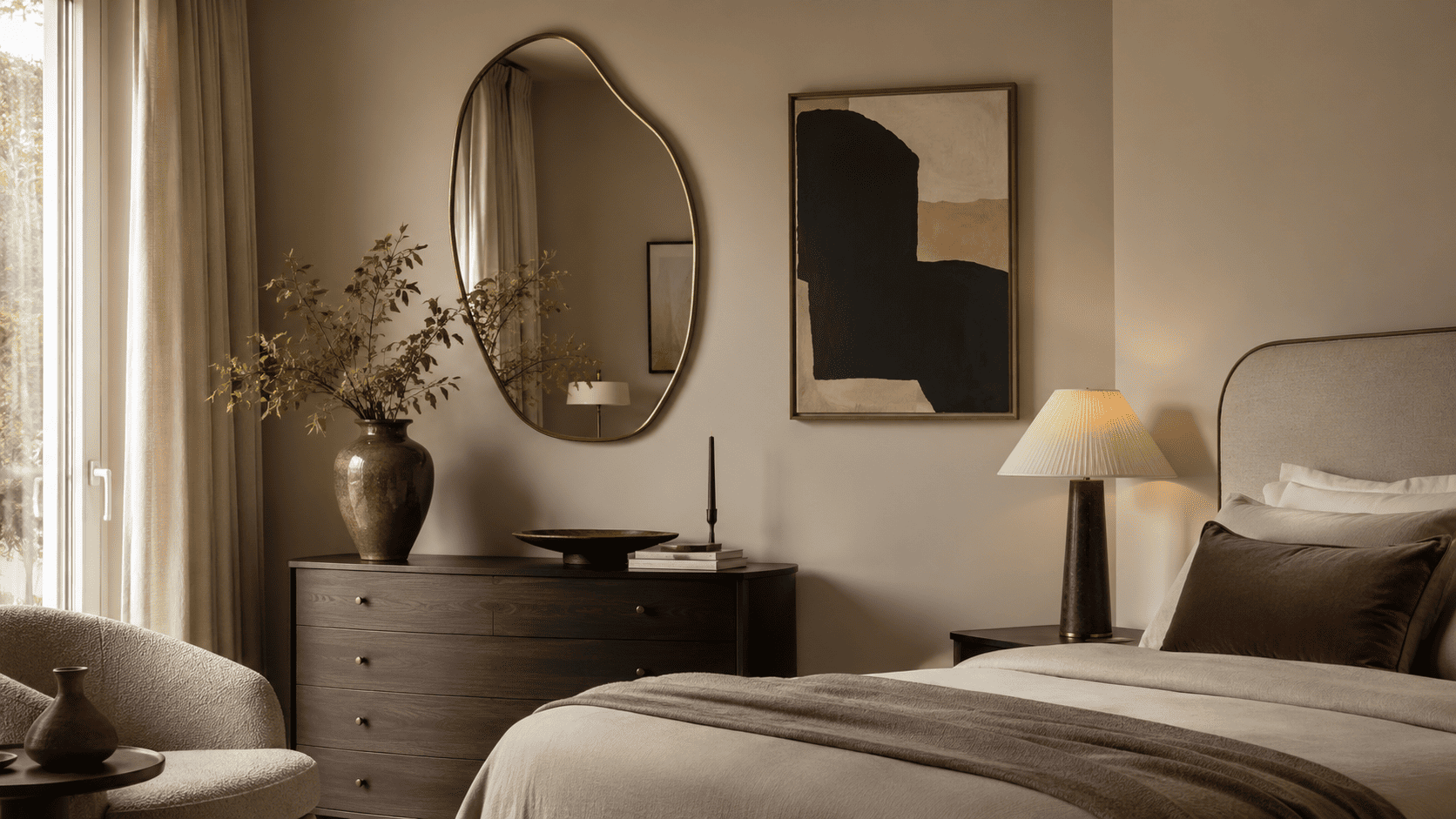 Décoration murale de chambre adulte avec miroir organique, tableau abstrait, lampe et vases.