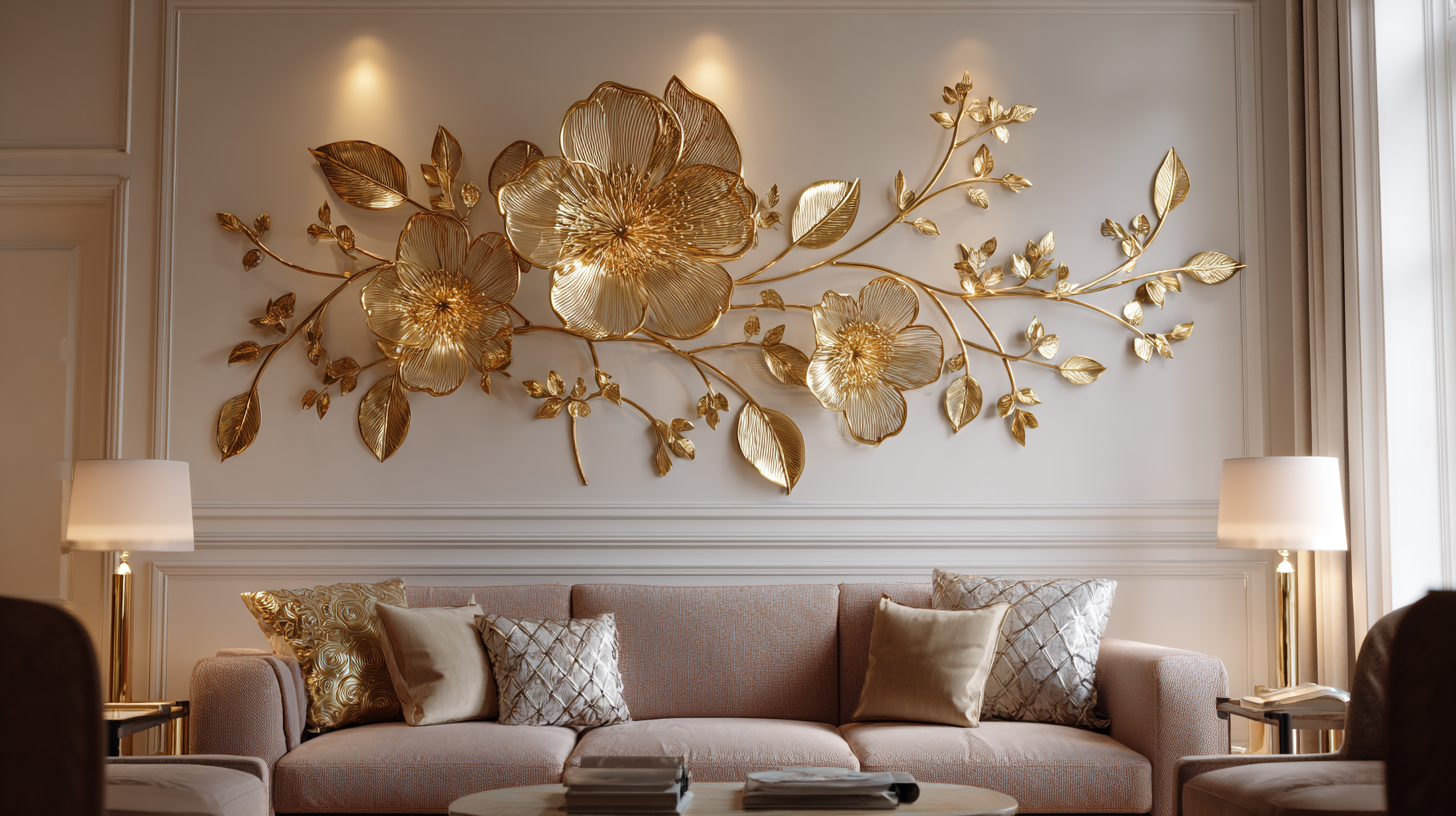 Grande décoration murale en métal doré avec motif floral au-dessus d'un canapé dans un salon lumineux
