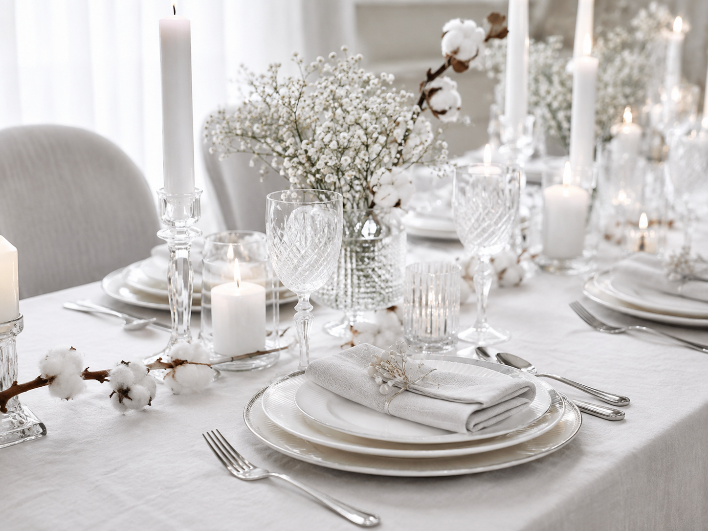 Table de Noël blanche et lumineuse avec cristal, bougies blanches et fleurs de coton.