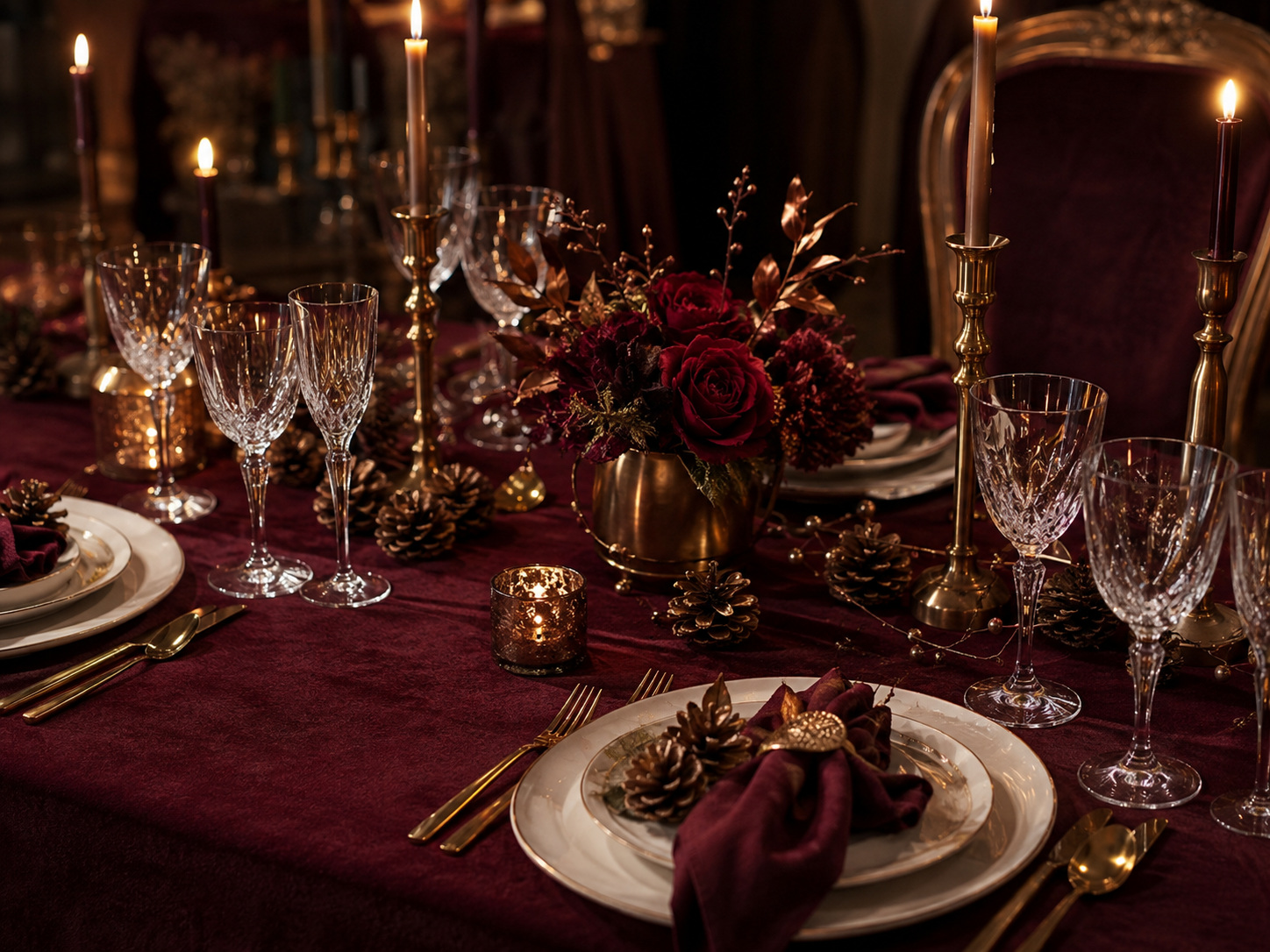Table de Noël bordeaux avec bougeoirs en laiton, verres en cristal et fleurs profondes.