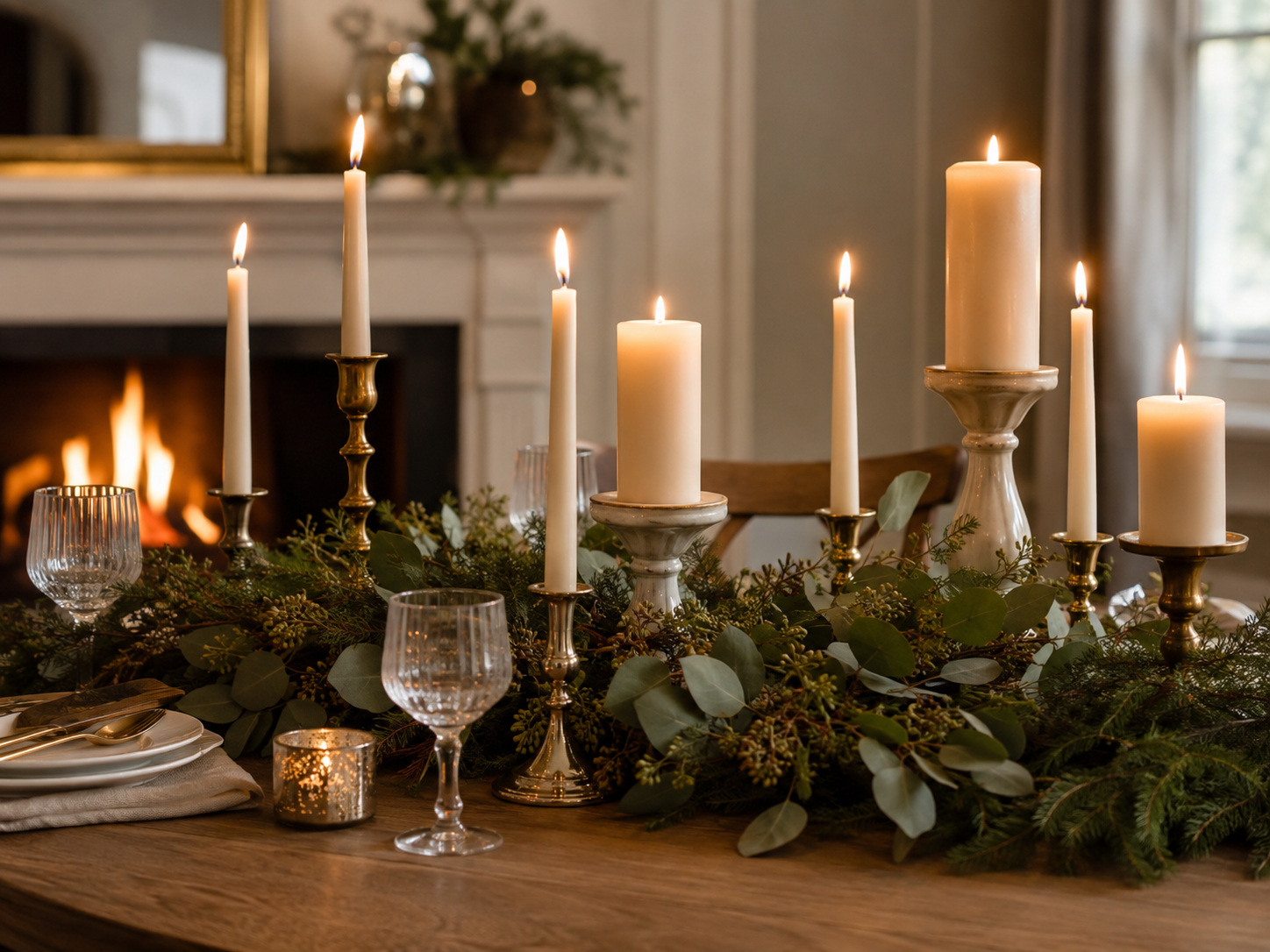 Centre de table de Noël avec bougies de différentes hauteurs, feuillage et photophores.