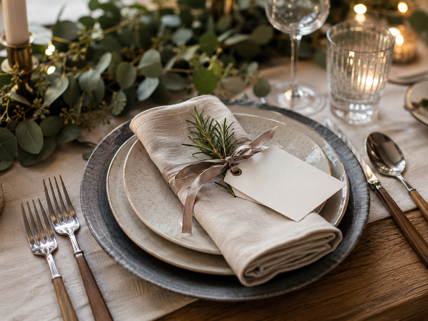 Couvert de Noël avec assiettes en céramique, serviette en lin et marque-place végétal.