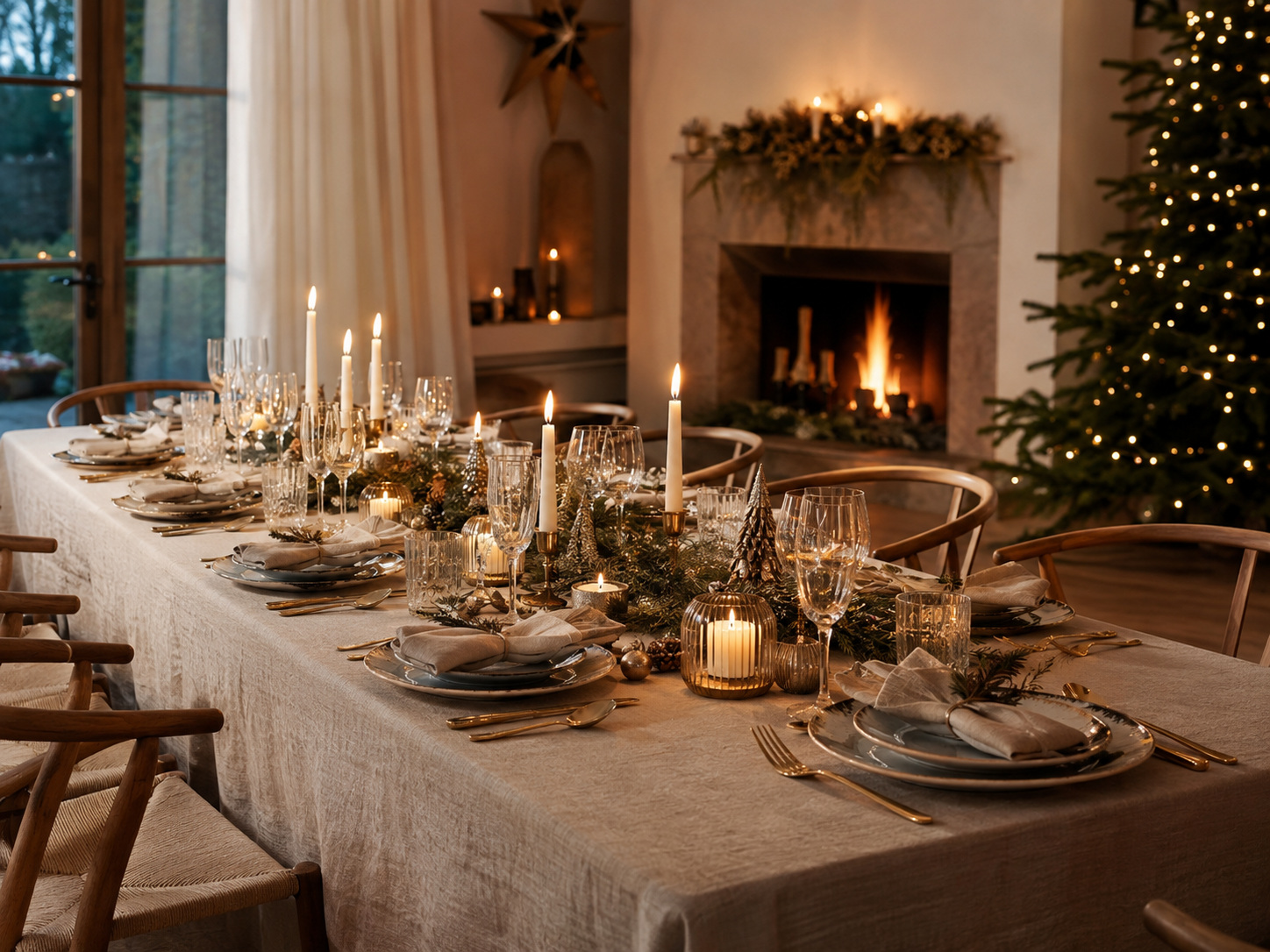 Table de Noël 2026 chaleureuse avec bougies, vaisselle élégante, feuillage et cheminée.