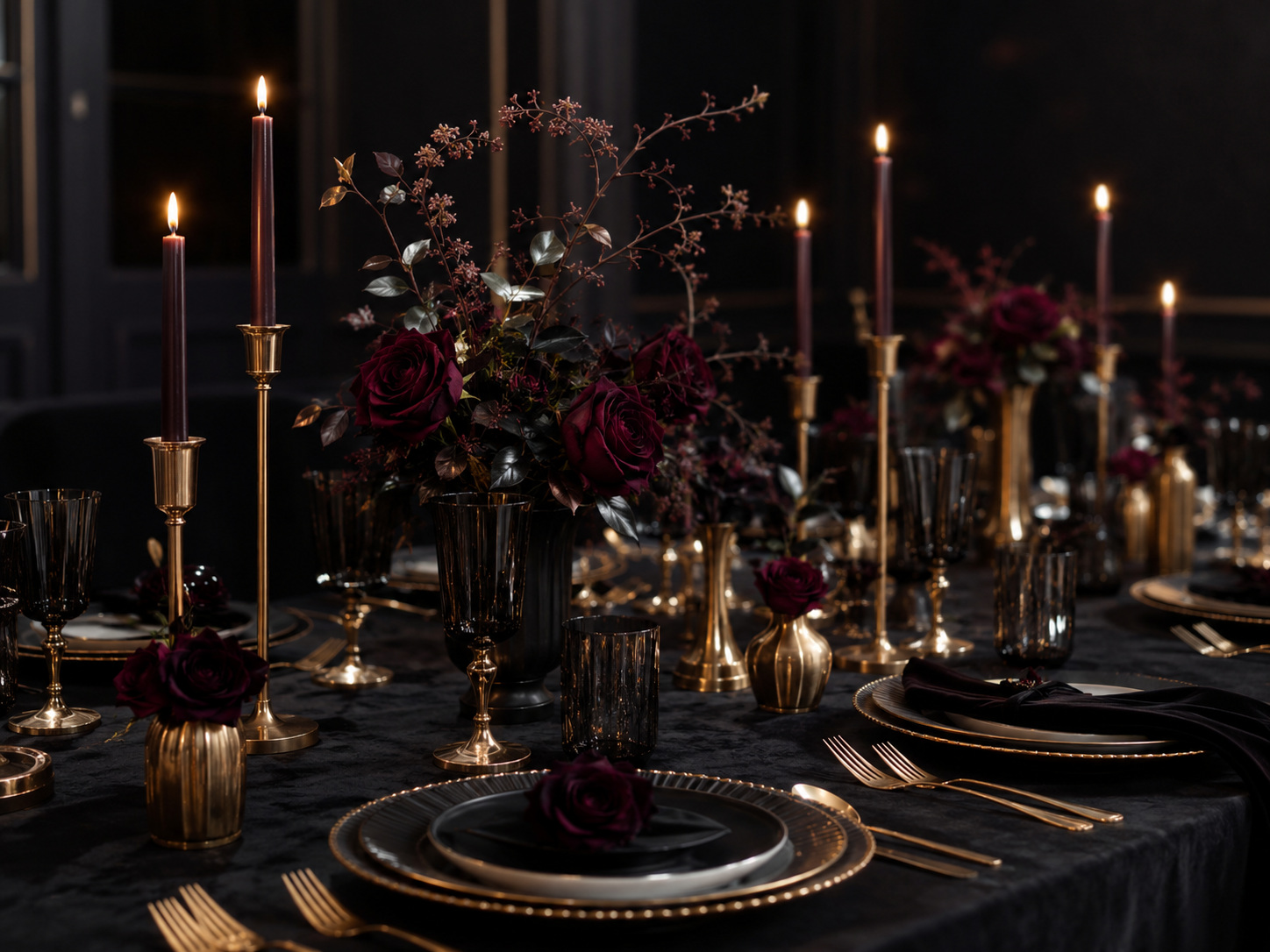 Table de Noël noire et or avec bougeoirs dorés, roses bordeaux et ambiance Art Déco.