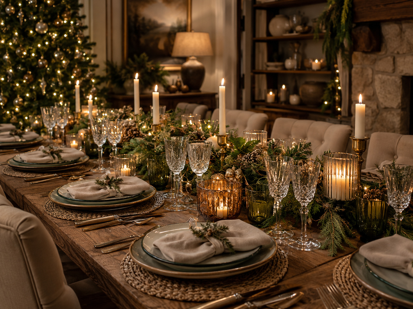 Grande table de Noël conviviale avec bougies, sapin, verrerie et centre de table végétal.