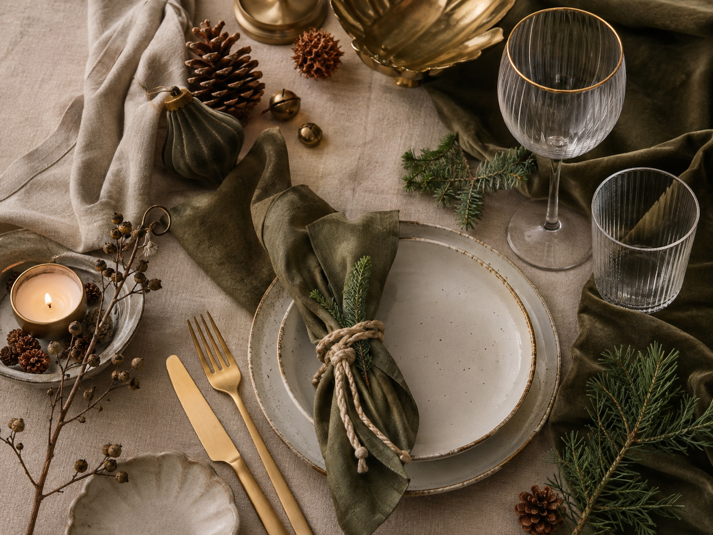 Table de Noël rustique chic avec bois, vert profond, verrerie et bougies dorées.