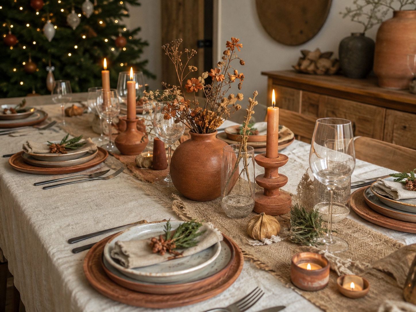 Table de Noël terracotta avec lin naturel, céramique artisanale et bois chaleureux.