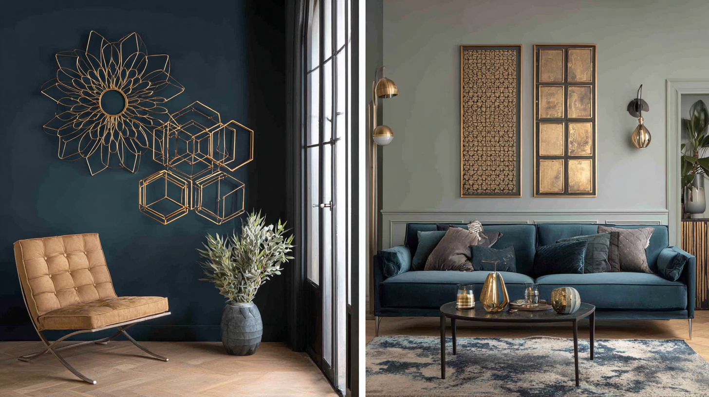 Exemples de disposition de décorations murales en métal dans un salon, une entrée et une chambre