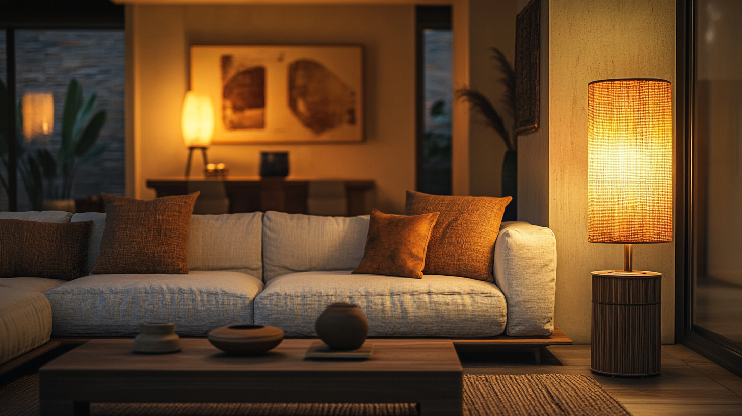 Éclairage chaud avec lampes et abat-jour textiles dans une décoration africaine