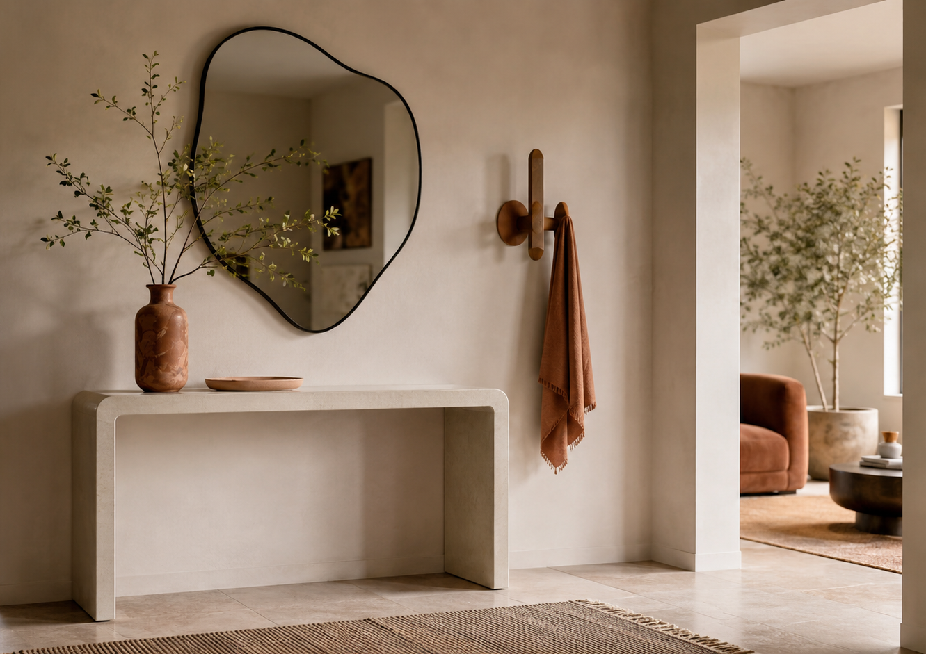 Entrée contemporaine avec console, miroir organique, vase décoratif et accessoires pratiques pour une maison accueillante avant les vacances.