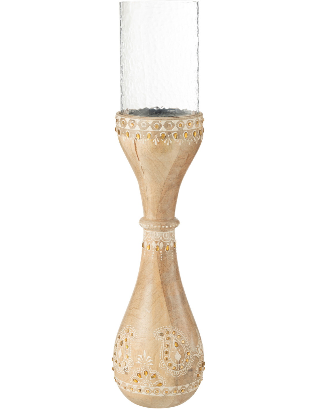 Grand bougeoir sur pied Loka en bois de manguier naturel et verre transparent, hauteur 56 cm