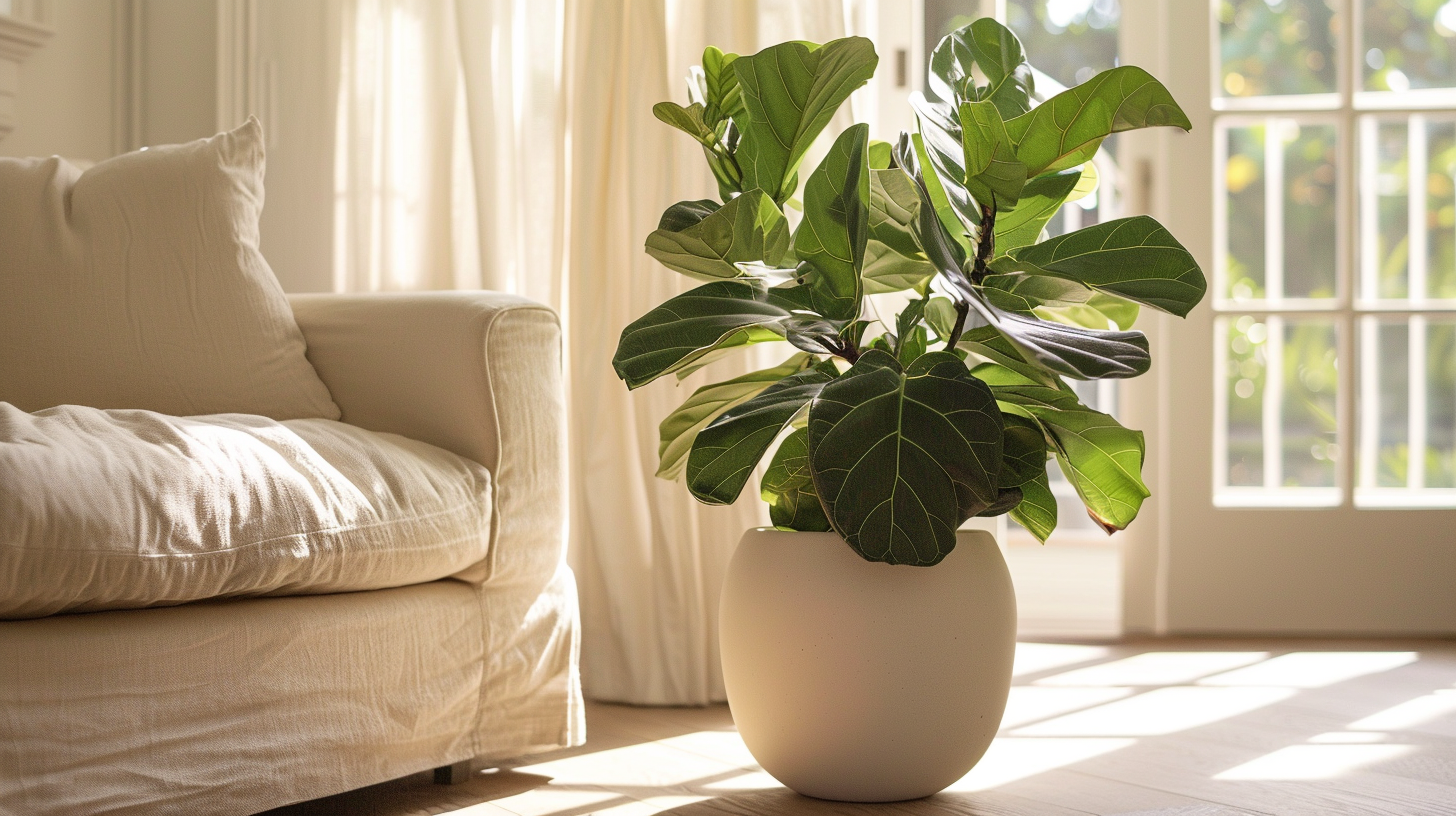 Grand cache-pot posé au sol dans un salon lumineux avec grande plante verte