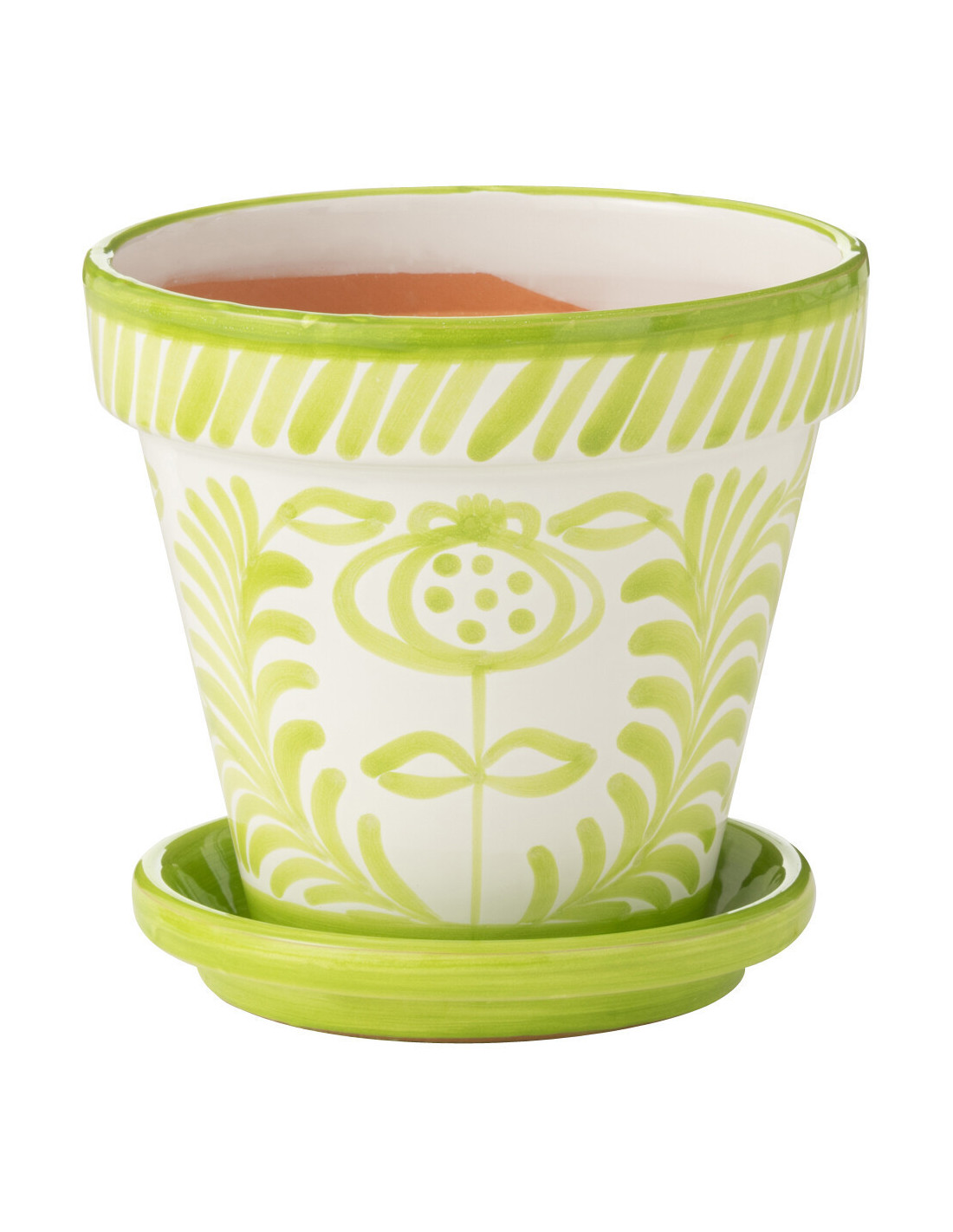 Grand cache-pot Granada en céramique verte et blanche, motif fleur, diamètre 50 cm, grand format