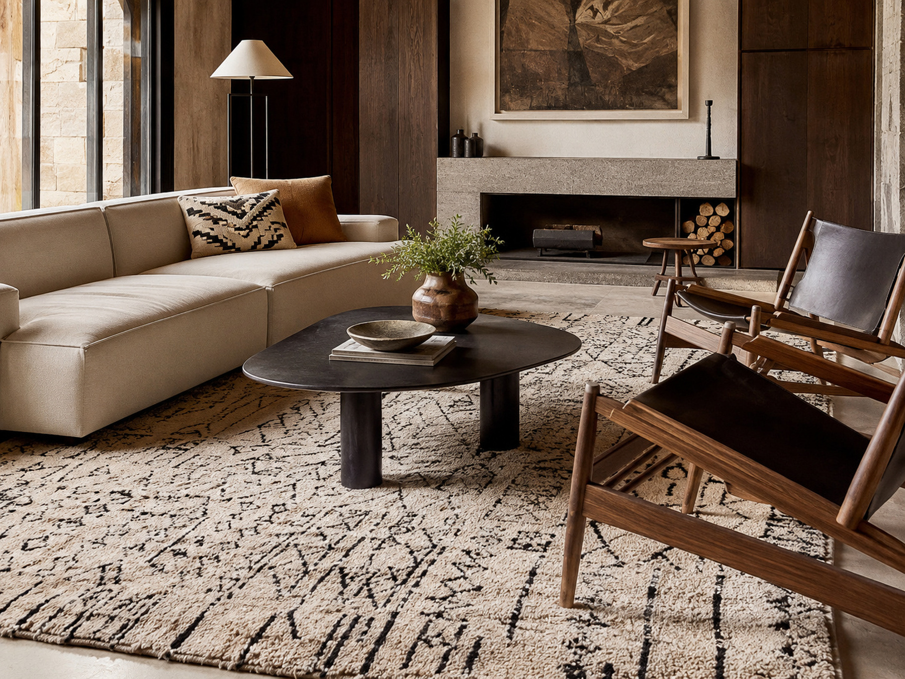 Grand tapis rectangulaire graphique dans un salon contemporain avec canapé clair et fauteuils en bois.