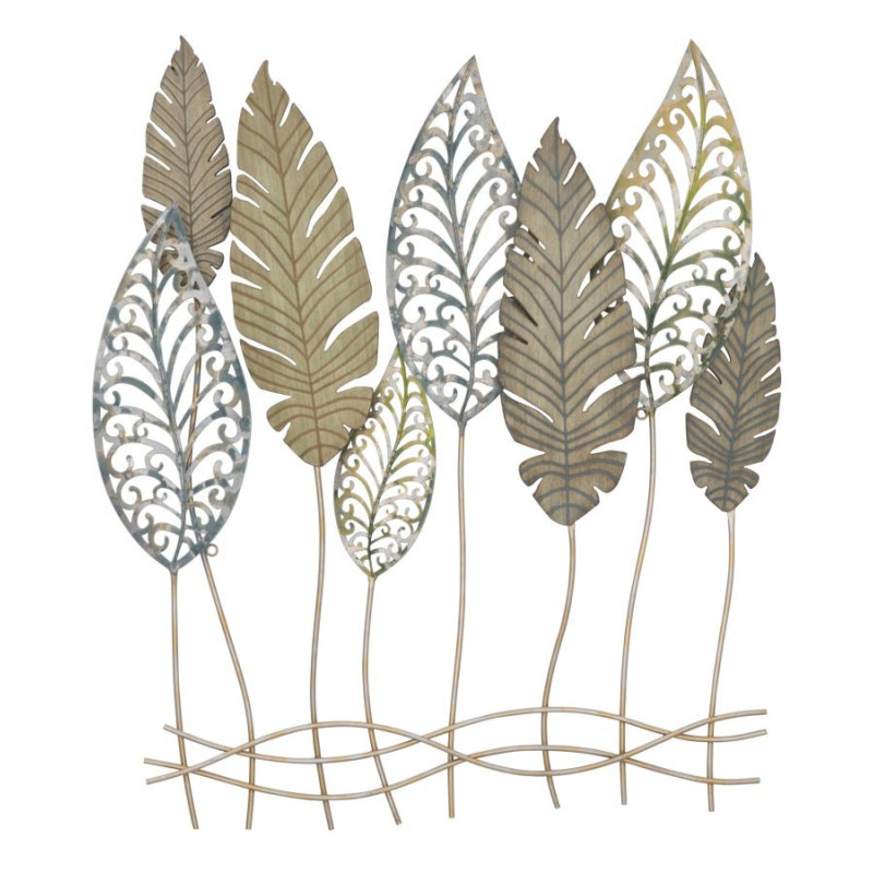 Grande déco murale Falin en métal beige et bois naturel, motif feuilles, 75x87 cm