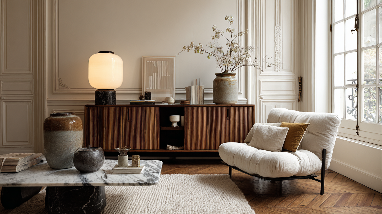 Grande lampe à poser en céramique sur un buffet dans un salon aux beaux volumes avec canapé et tapis