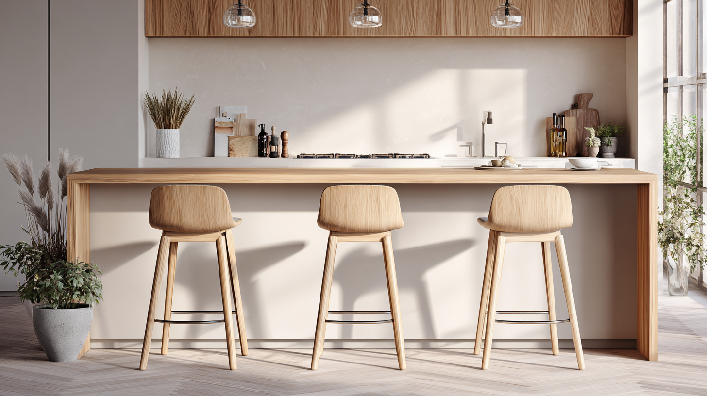 Tabourets de bar devant un îlot de cuisine illustrant la règle des 25 à 30 cm entre l'assise et le dessous du comptoir