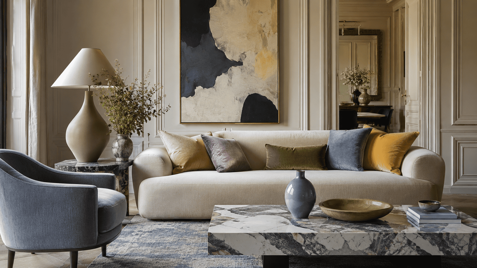 Salon contemporain avec jaune beurre, bleu grisé, lilas doux, vert olive et détails décoratifs.