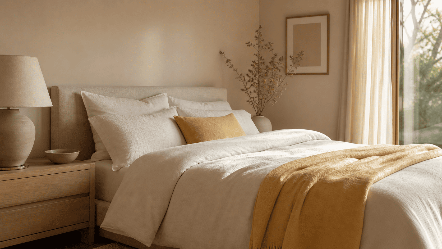 Chambre contemporaine avec linge de lit jaune beurre, bois clair, lin naturel et ambiance apaisante.