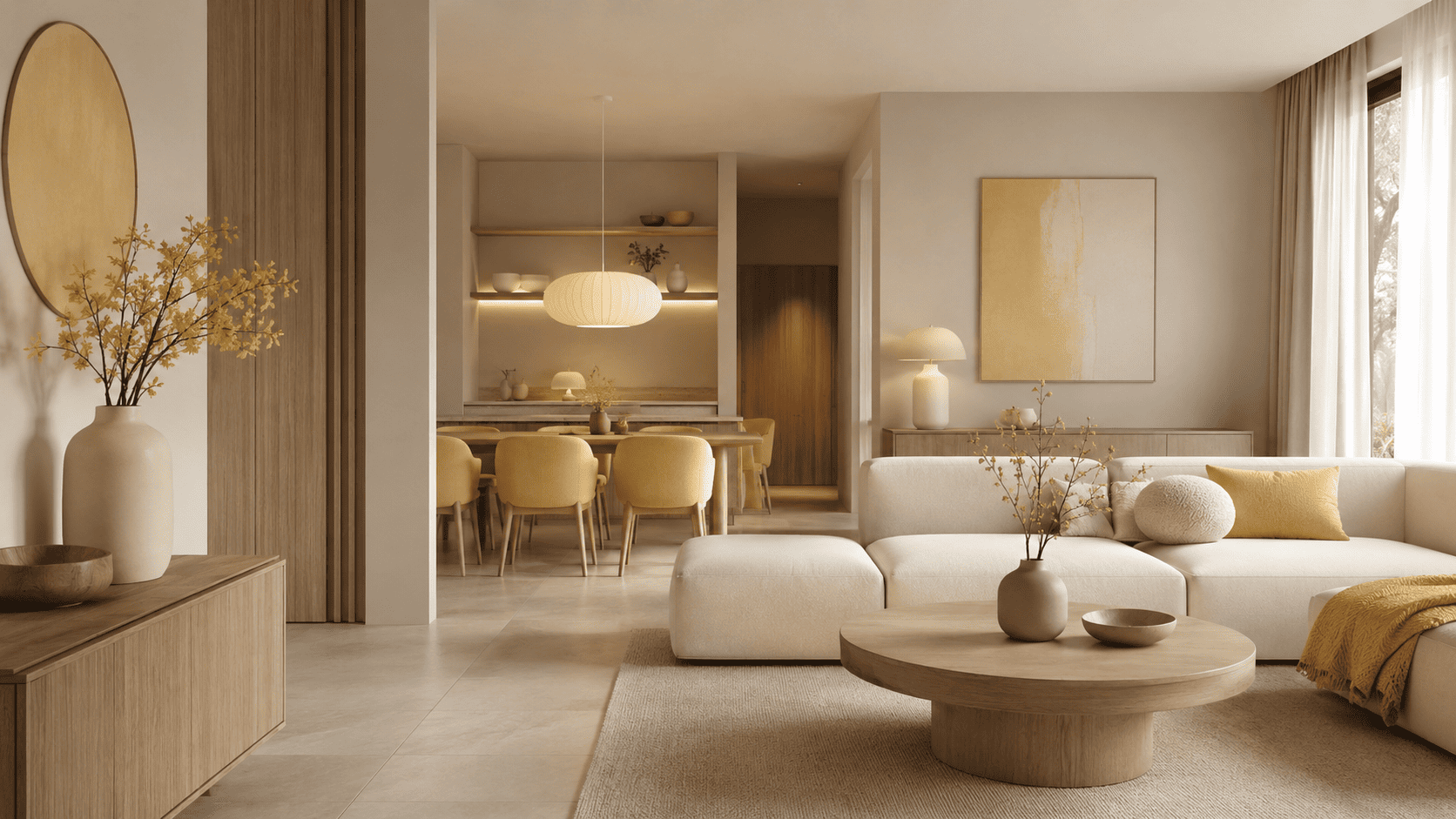 Intérieur équilibré avec jaune beurre dosé, matières naturelles, couleurs douces et décoration sans surcharge.
