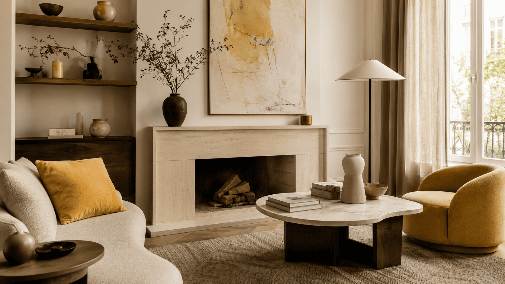 Intérieur 2026 chaleureux et singulier avec touches jaune beurre, matières texturées, bois et lumière douce.