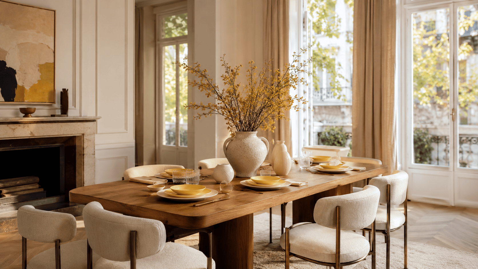 Salle à manger contemporaine avec vaisselle jaune beurre, table en bois, chaises claires et vase céramique.