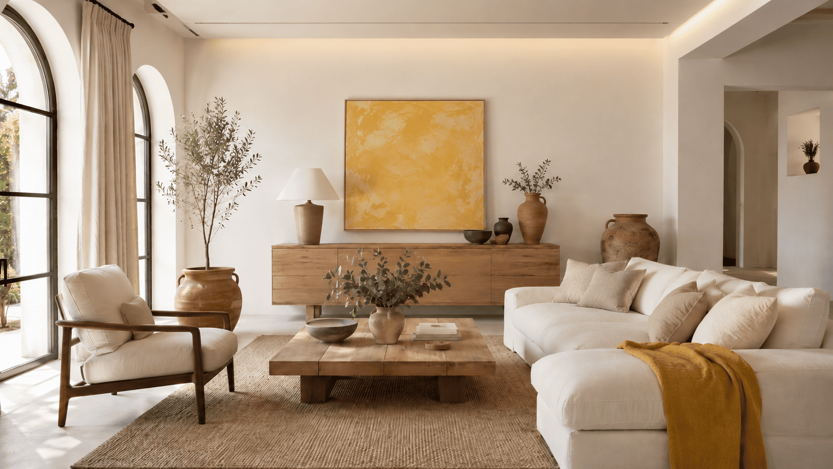 Intérieur méditerranéen moderne avec jaune beurre, blanc chaud, bois clair, lin et céramiques.