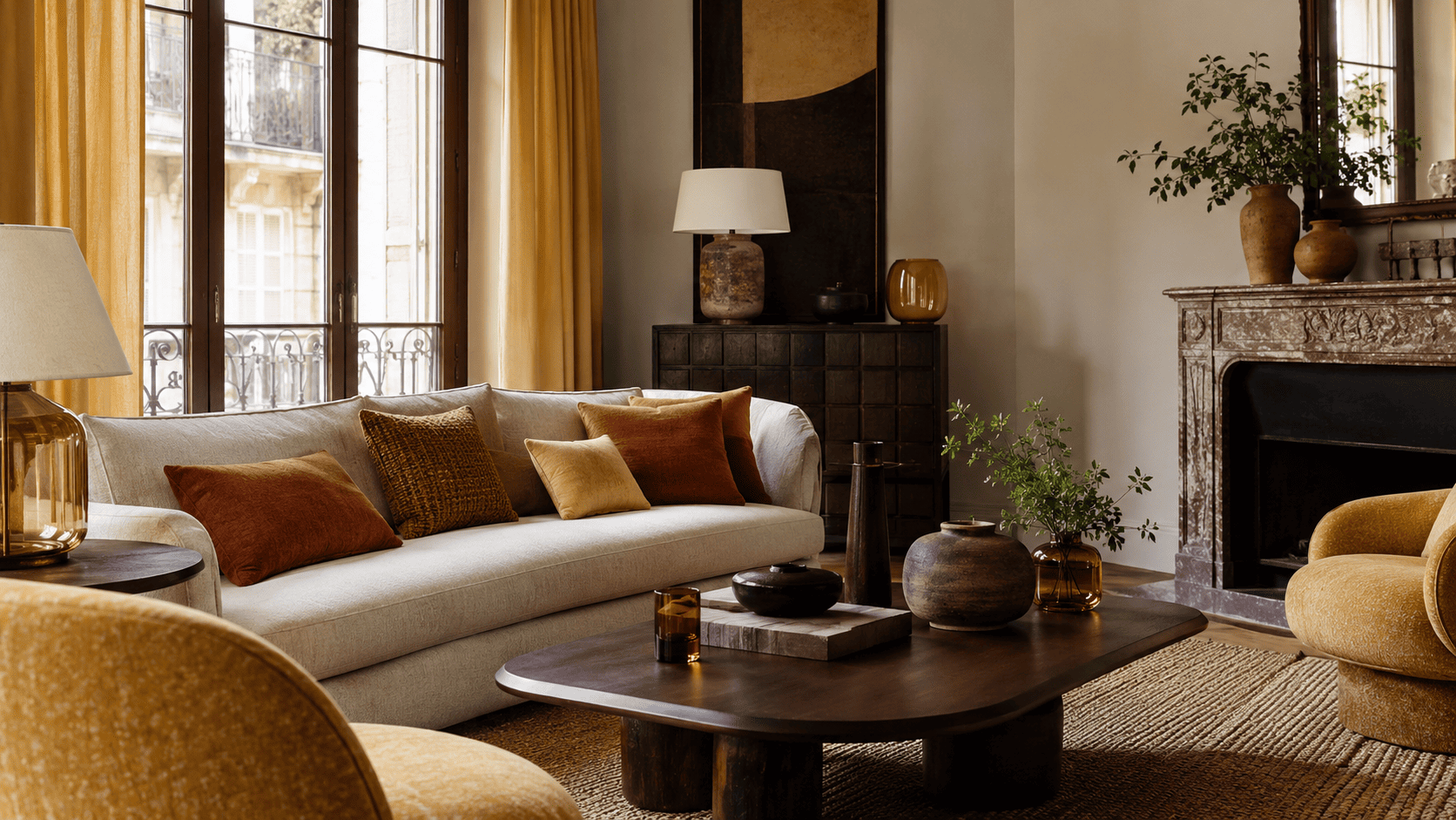 Intérieur contemporain avec jaune beurre, terracotta, brun chocolat, coussins texturés et objets déco.