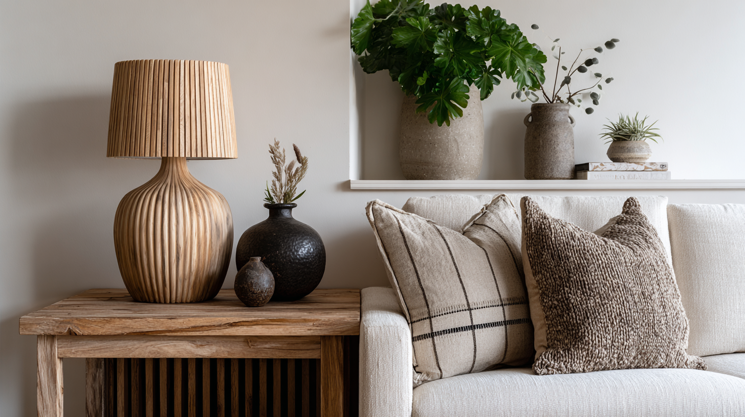 Détail de lampes à poser en bois, métal, céramique, verre et rotin