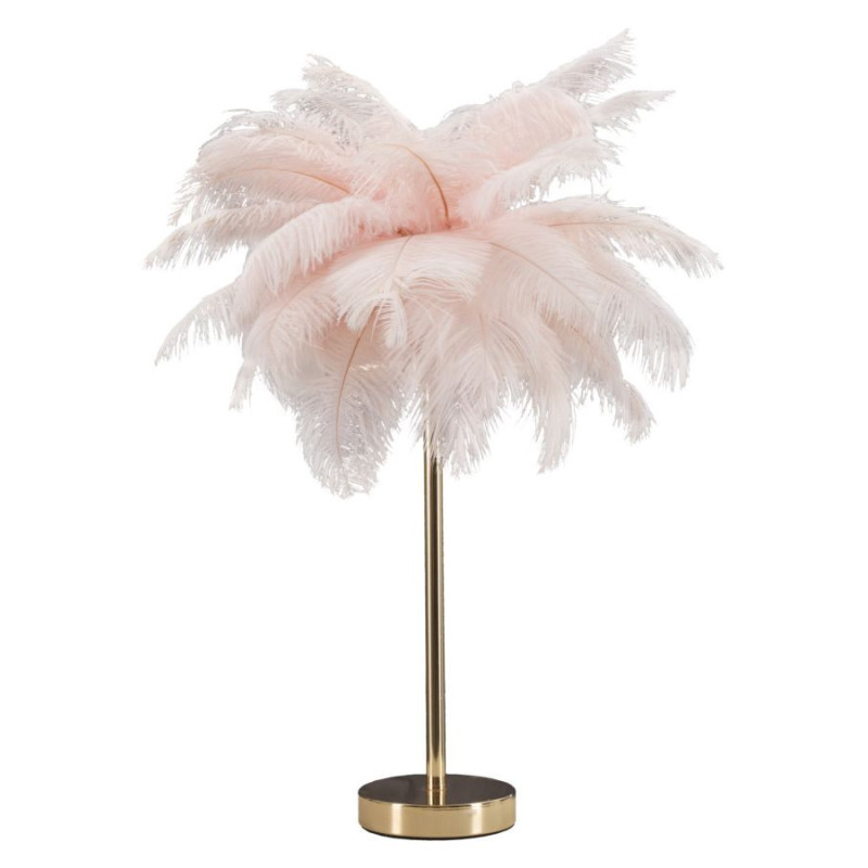 Lampe à poser XL Palm avec plumes roses en métal doré, hauteur 55 cm, style glamour contemporain