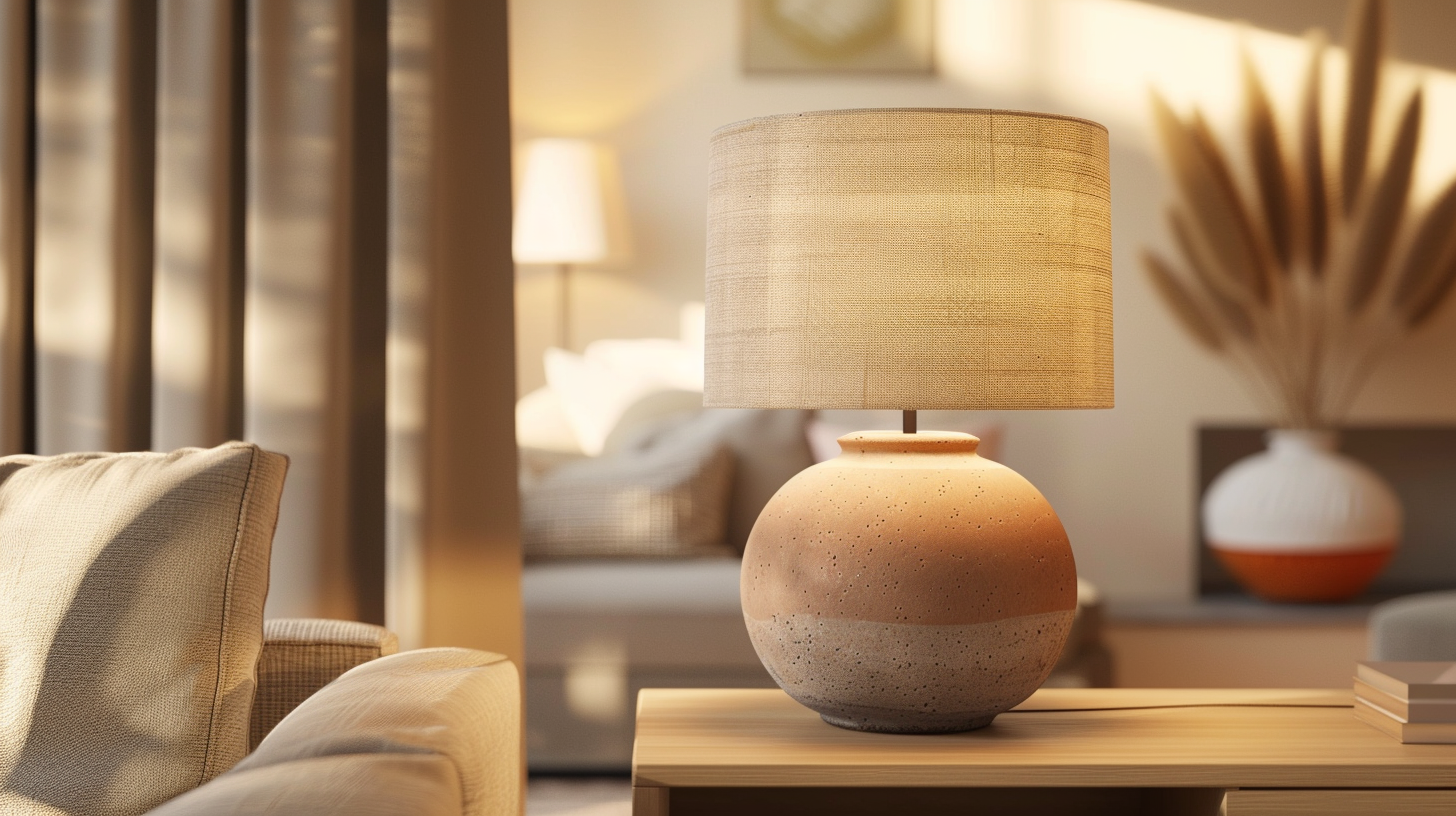 Lampe à poser originale en céramique sur une console dans un salon aux tons chauds et naturels