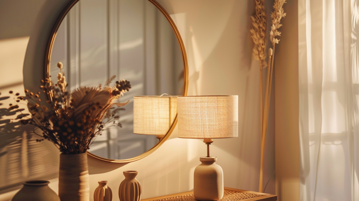 Lampe à poser originale sur une console d'entrée avec miroir et objets déco, première impression chaleureuse