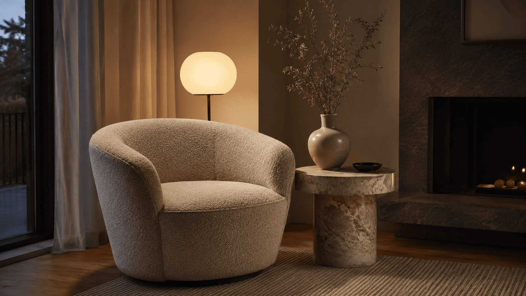 Coin salon contemporain avec lampe champignon, table d’appoint sculpturale et ambiance lumineuse douce.