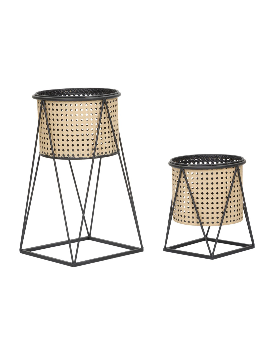 Lot de 2 Grands Cache-pots Bohème chic Rond Métal Naturel Effet cannage Noir Osaka