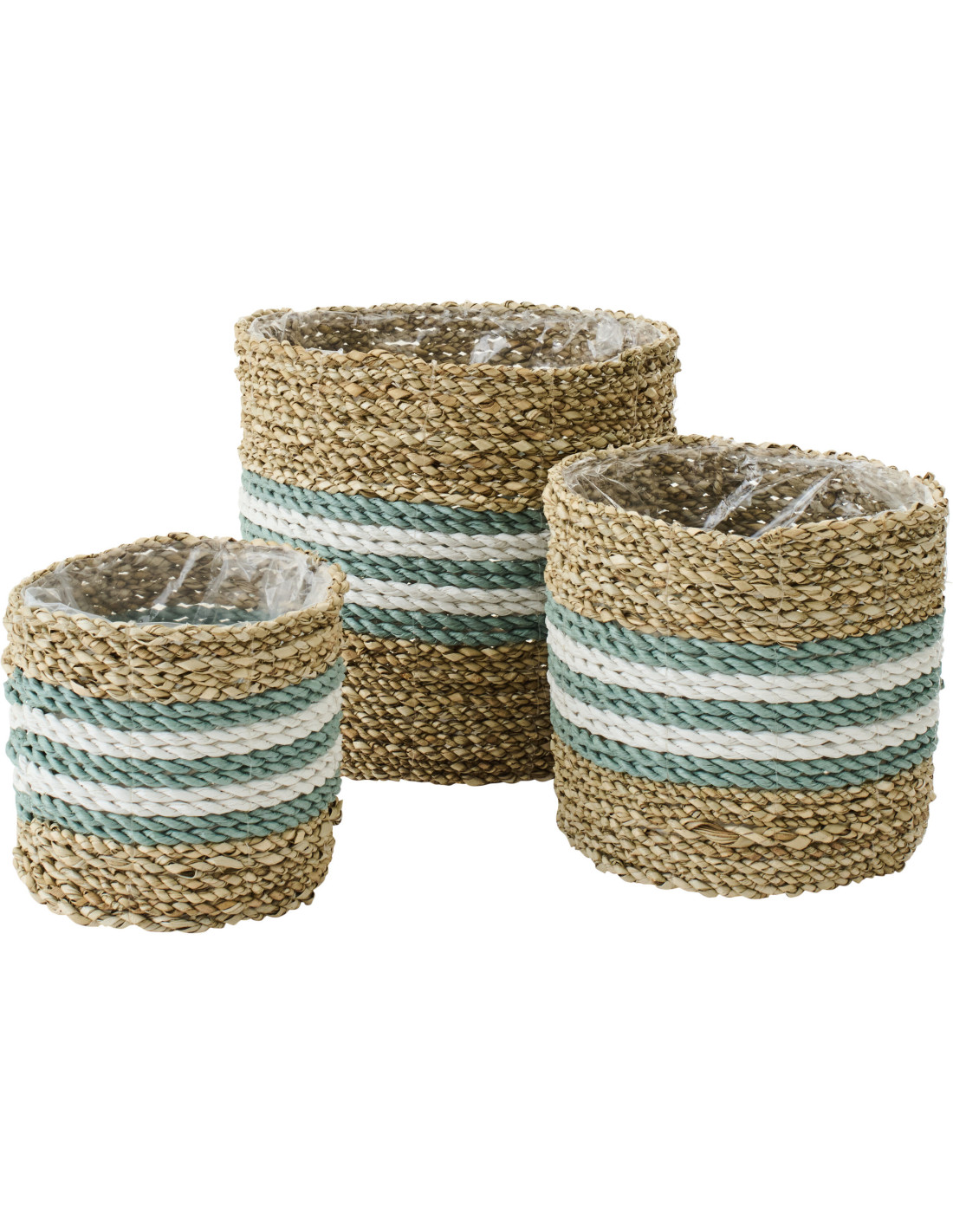Lot de 3 Cache-pot style bord de mer Rond Jonc de mer Naturel Blanc Turquoise Tressé Rivélin