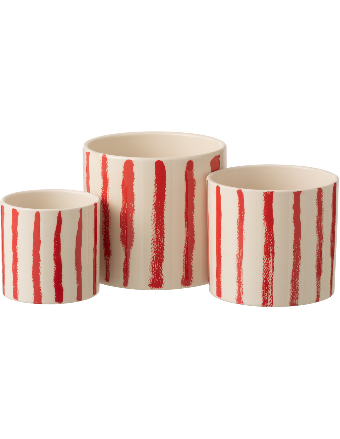 Lot de 3 Cache-pots design moderne Rond Céramique Blanc crème Rouge Motif lignes Ivora