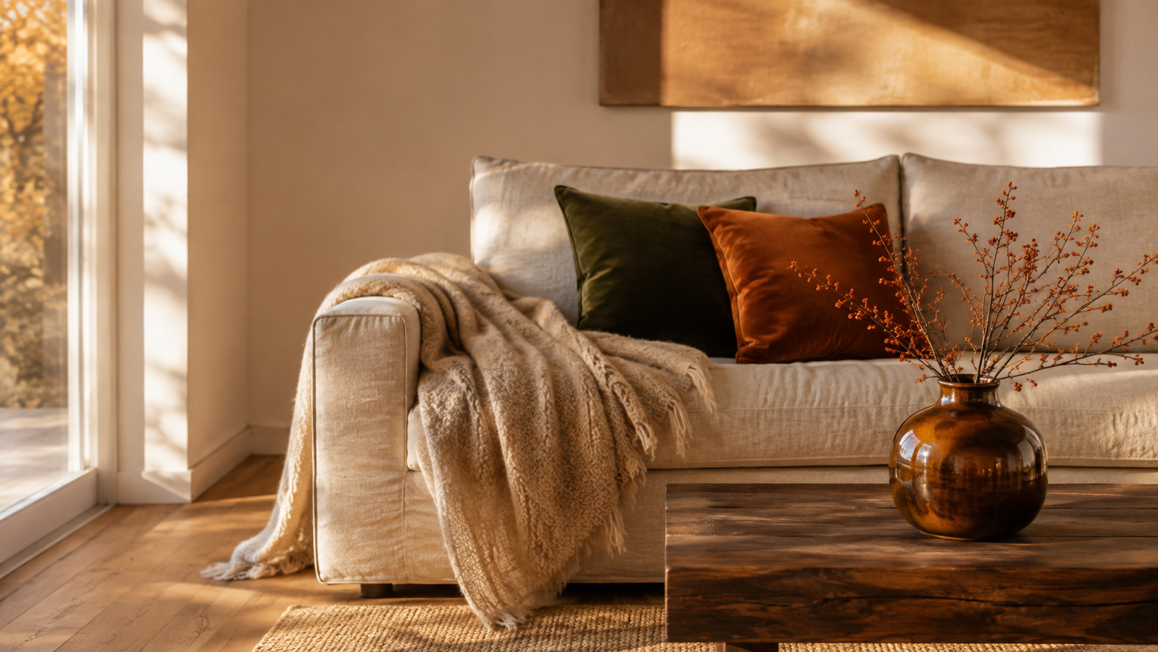 Salon contemporain avec meuble en bois foncé, textiles clairs et céramiques sobres.