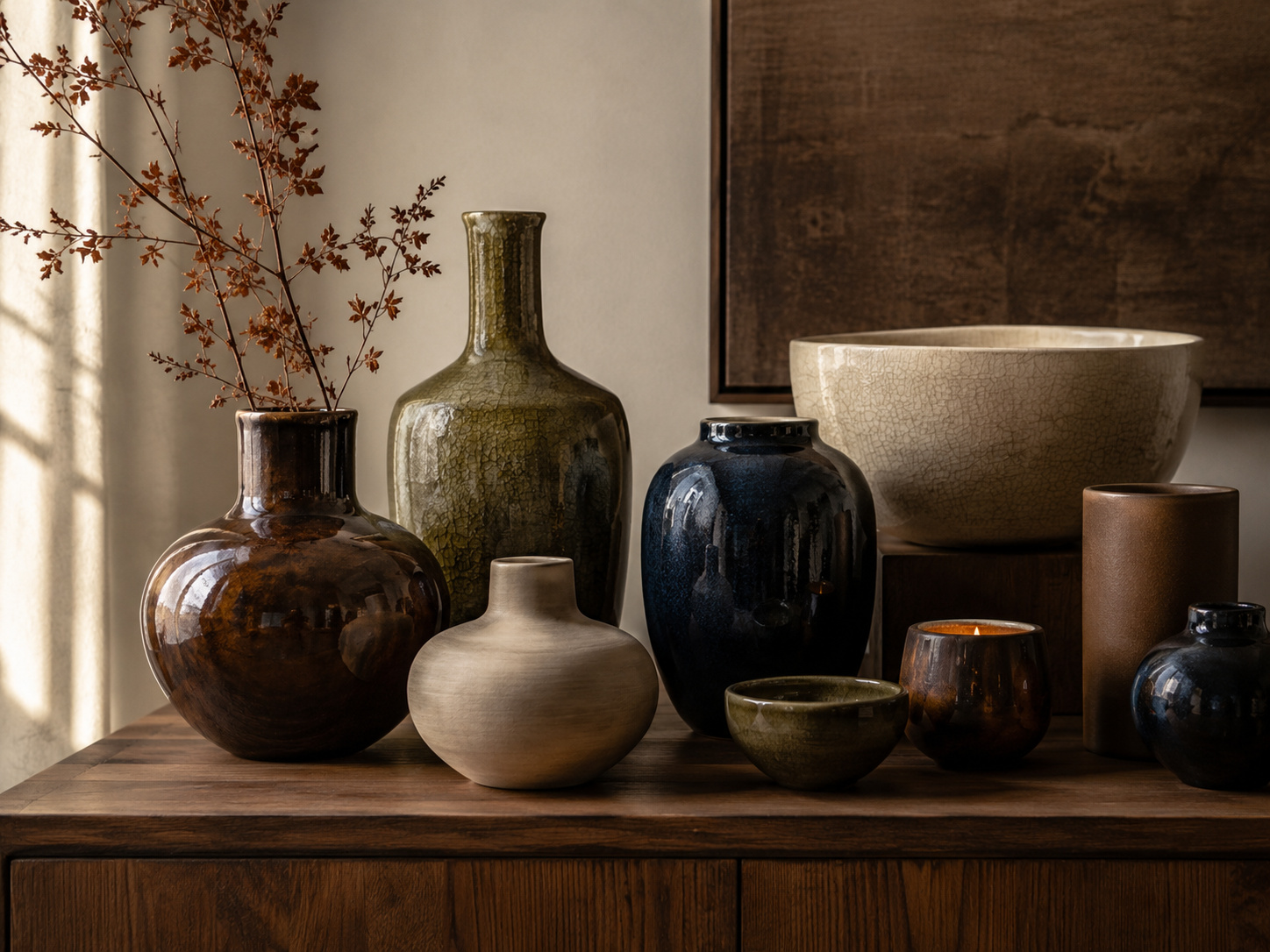 Vases, bols et photophores en céramique émaillée dans des teintes brun tabac, vert profond et bleu nuit.
