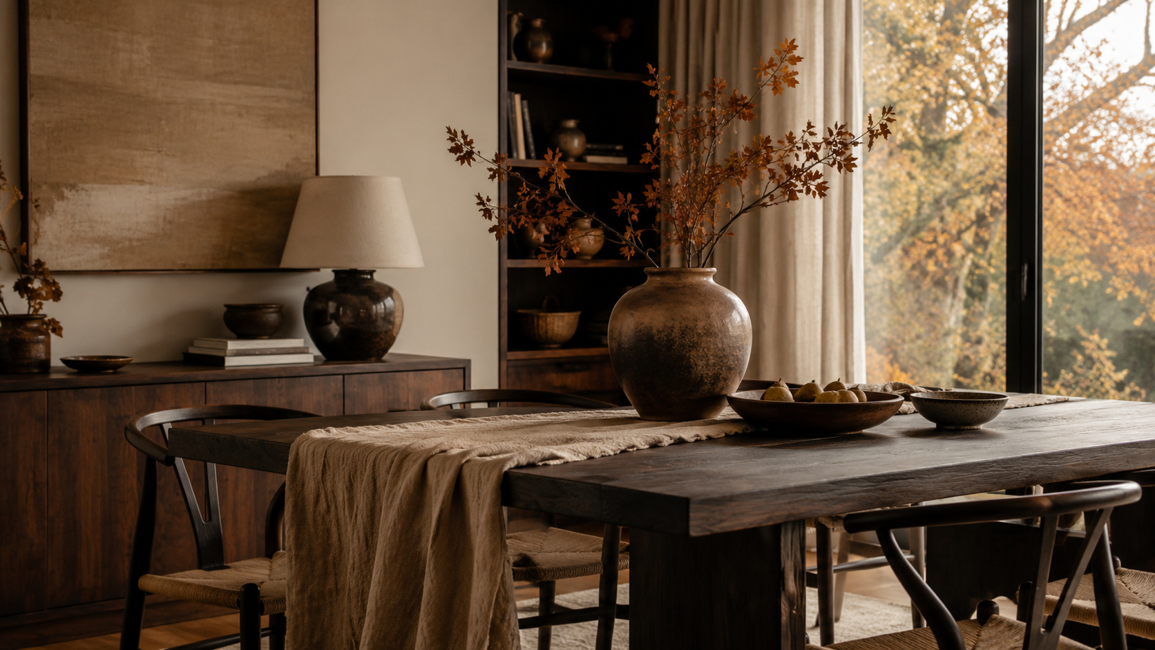 Salle à manger d’automne avec textile de table épais, bois foncé et céramique artisanale.