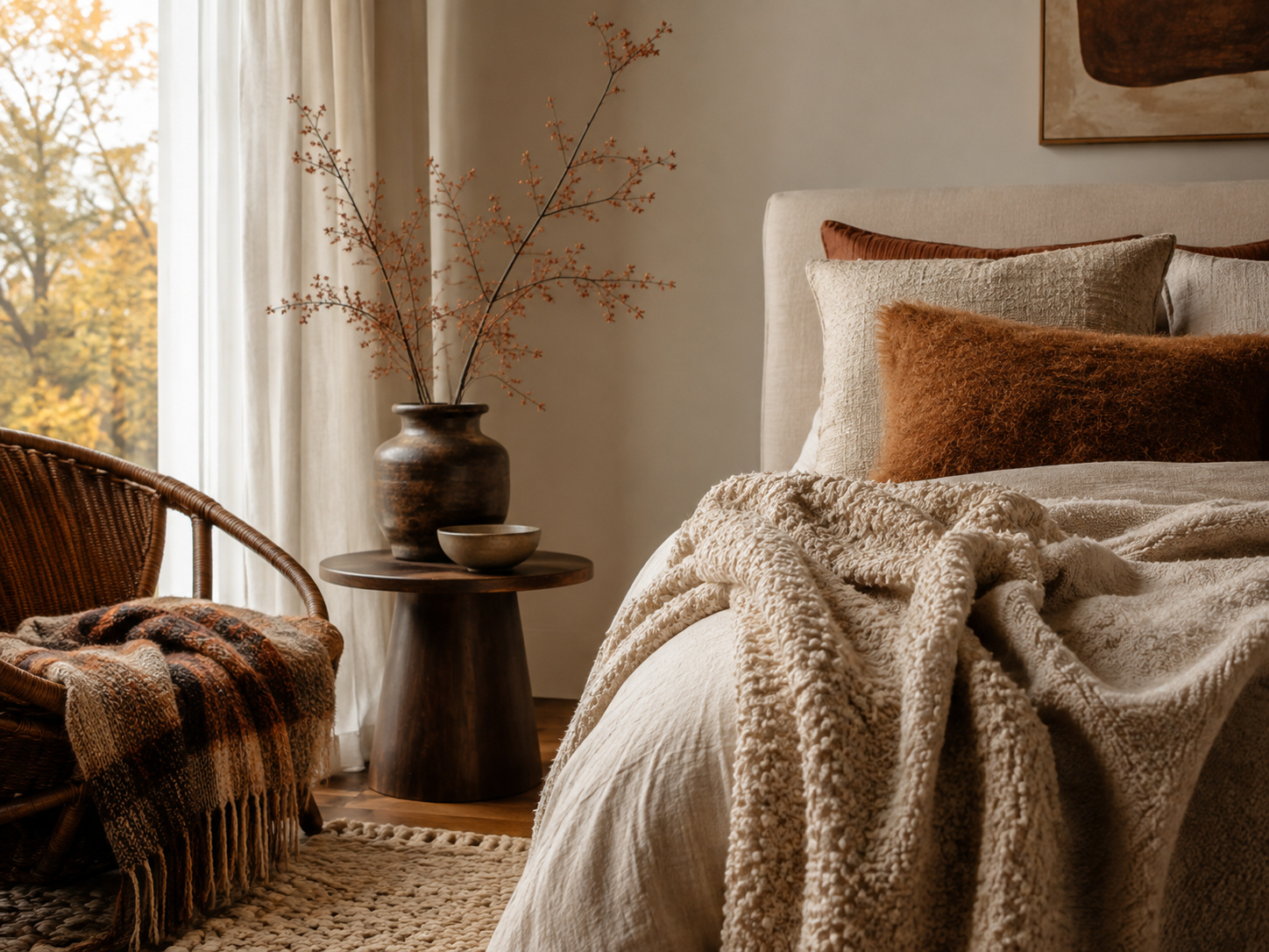 Chambre d’automne avec plaid en laine bouclée, coussins texturés et matières épaisses.