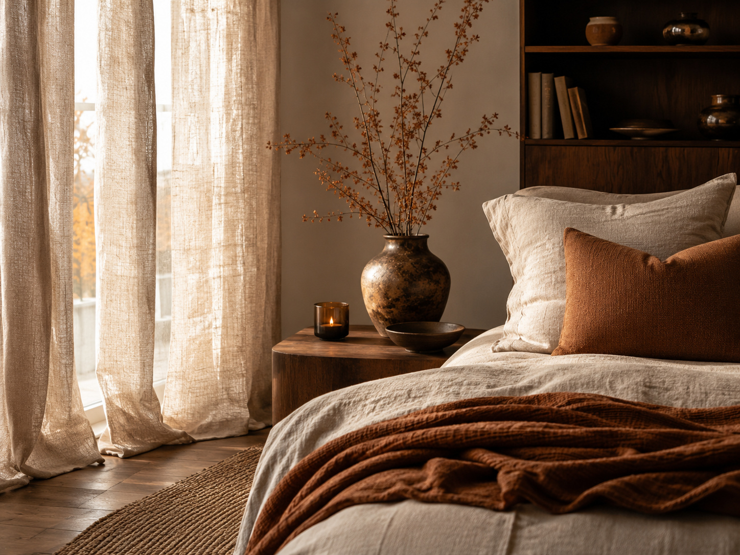 Chambre avec rideaux et linge en lin épais, textile terracotta et lumière d’automne.
