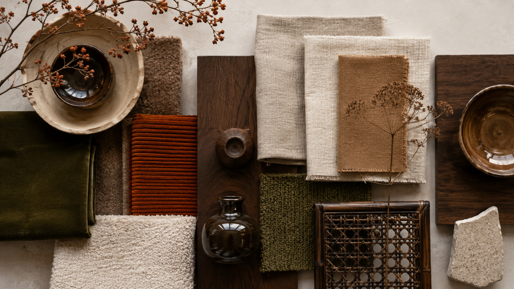 Palette de matières d’automne avec velours, laine, lin épais, bois foncé, rotin et céramique.