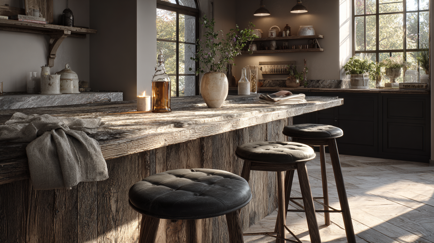 Main prenant la mesure sous un comptoir de cuisine pour choisir la bonne hauteur de tabouret de bar