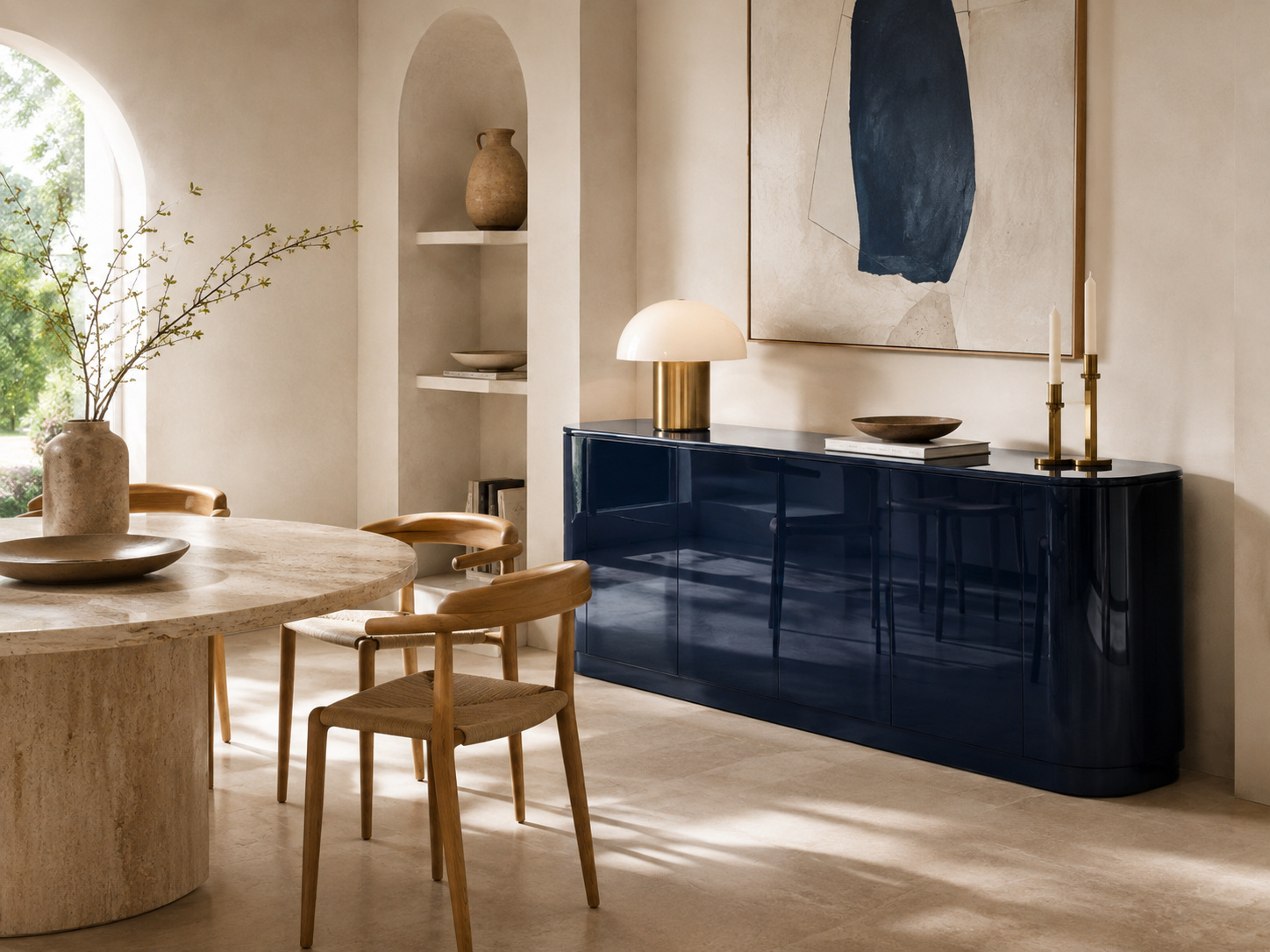 Salle à manger lumineuse avec buffet bleu nuit laqué, laiton, bois clair et pierre naturelle.