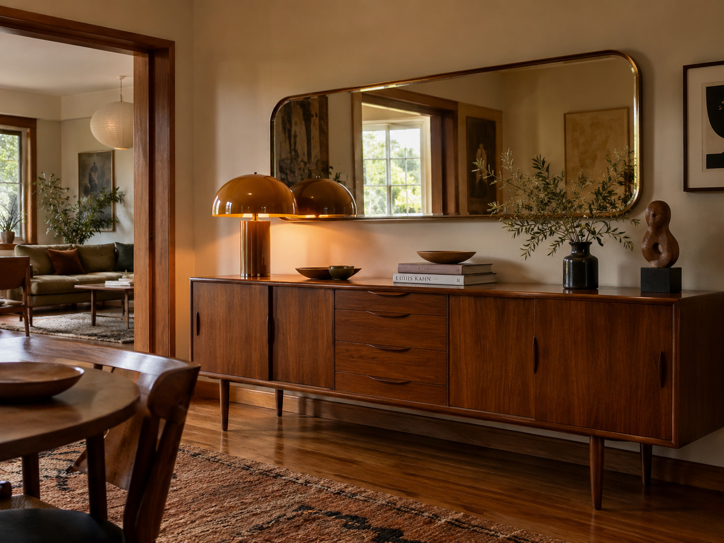 Long buffet mid century en bois avec miroir rectangulaire horizontal aux angles adoucis.