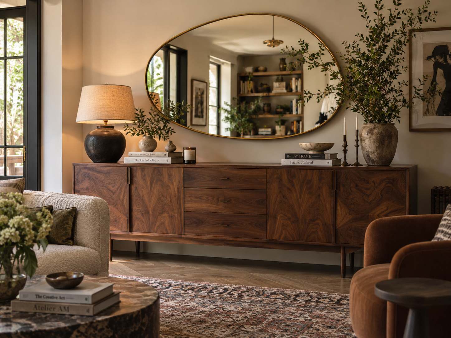 Salon chaleureux avec long buffet en noyer et grand miroir ovale aux lignes douces.